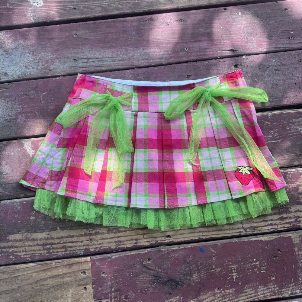 Dolls Kill Pink White Green Strawberry Shortcake Mini Pleated Skirt